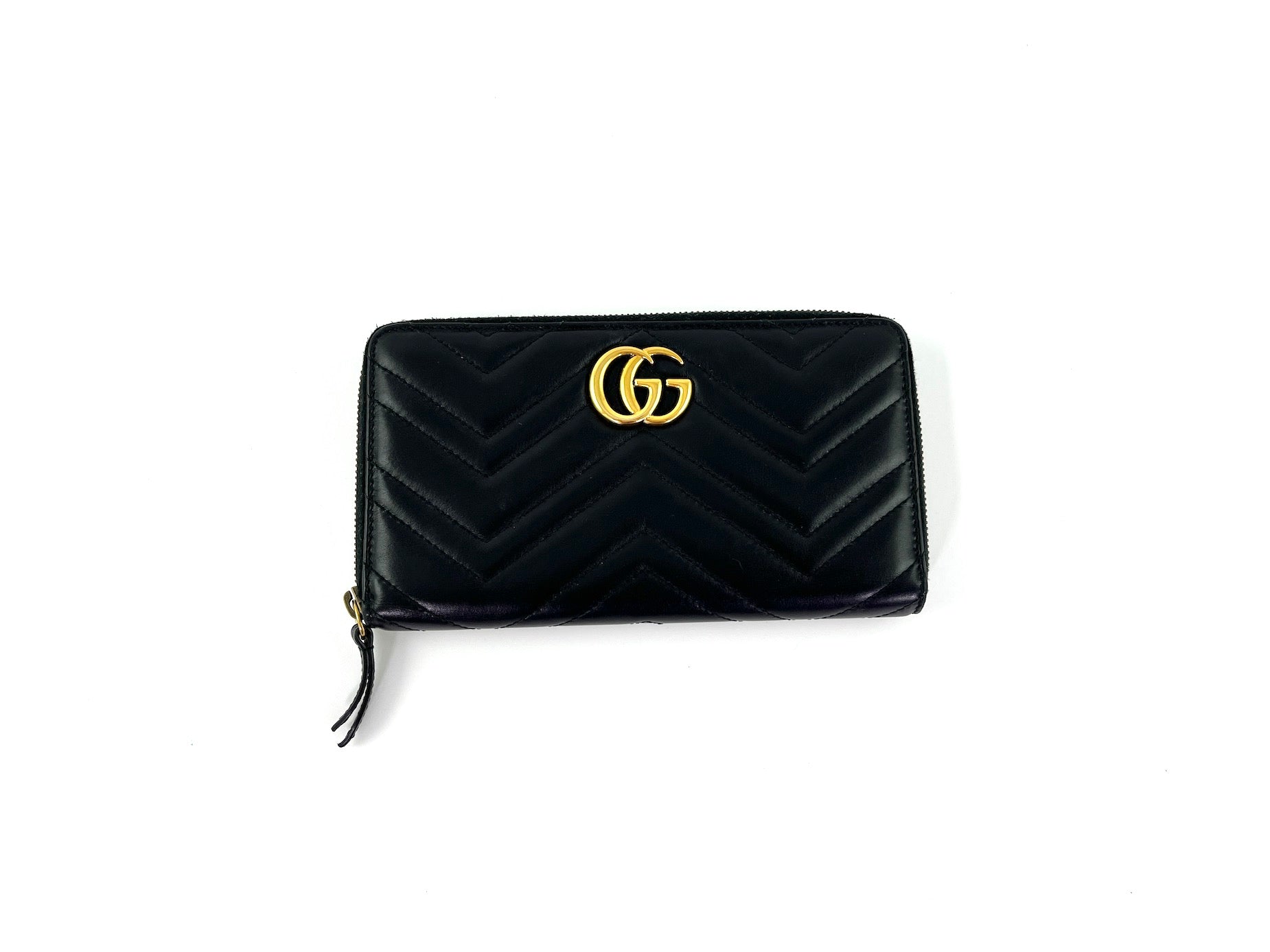 GUCCI GG Marmont Matelasse Black Quilted Zip Around Continental Wallet